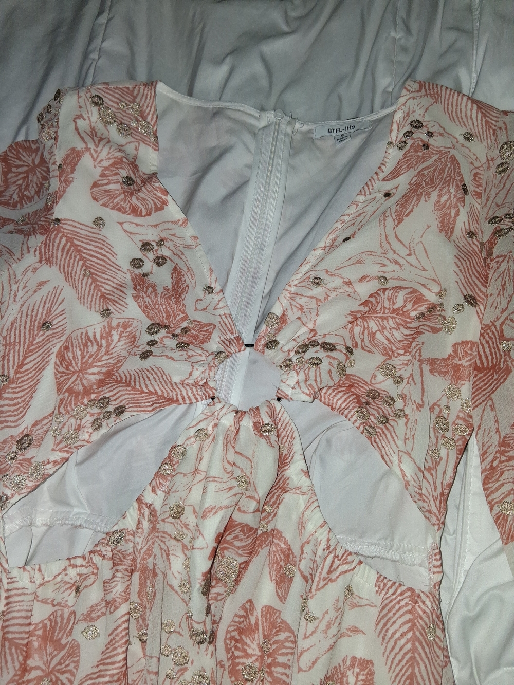 Women’s Maxi Dress with Peach Leaf Print and Gold Accents